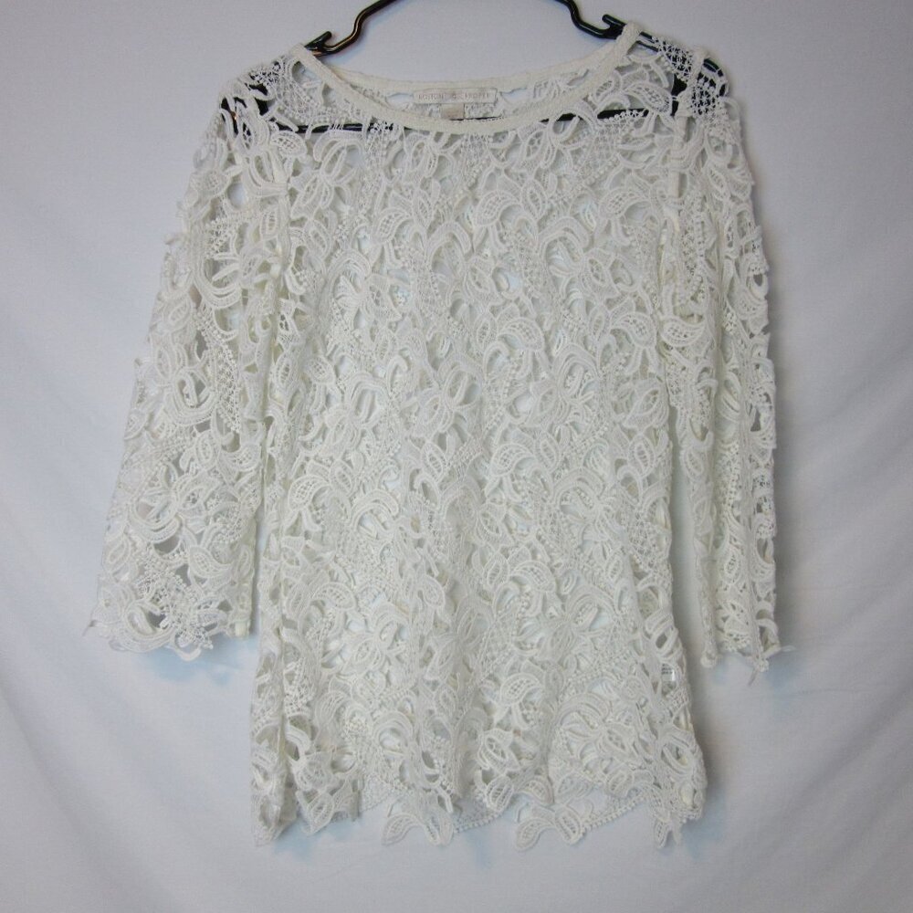 Boston Proper Blouse White Crochet Top Open Knit 3/4 Sleeve Tunic Women's Small